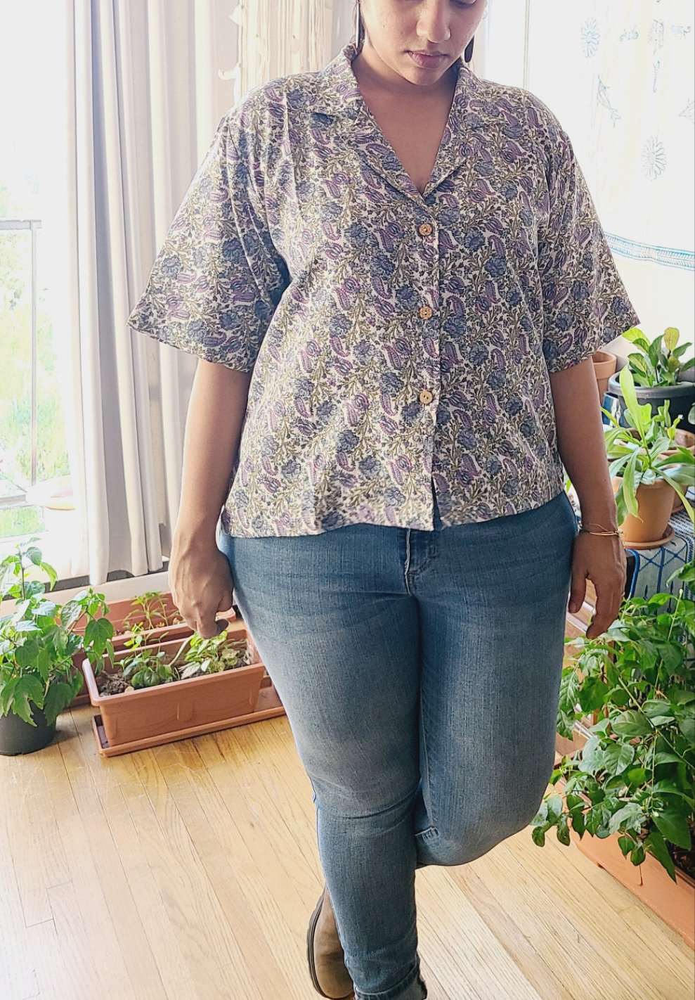Artistic Printed - Relaxed fit Crop Shirt ,Short Sleeved