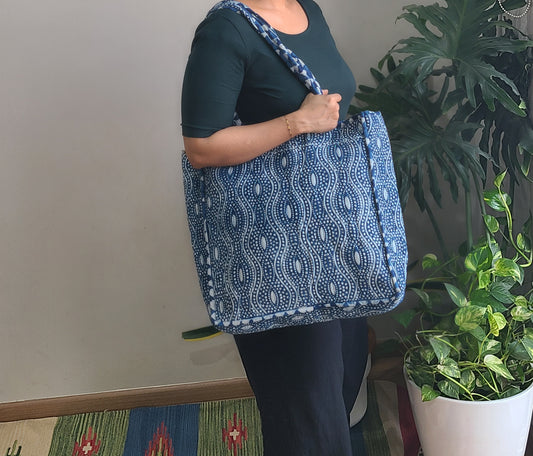 Reversible Quilted Tote bag- Handblock printed