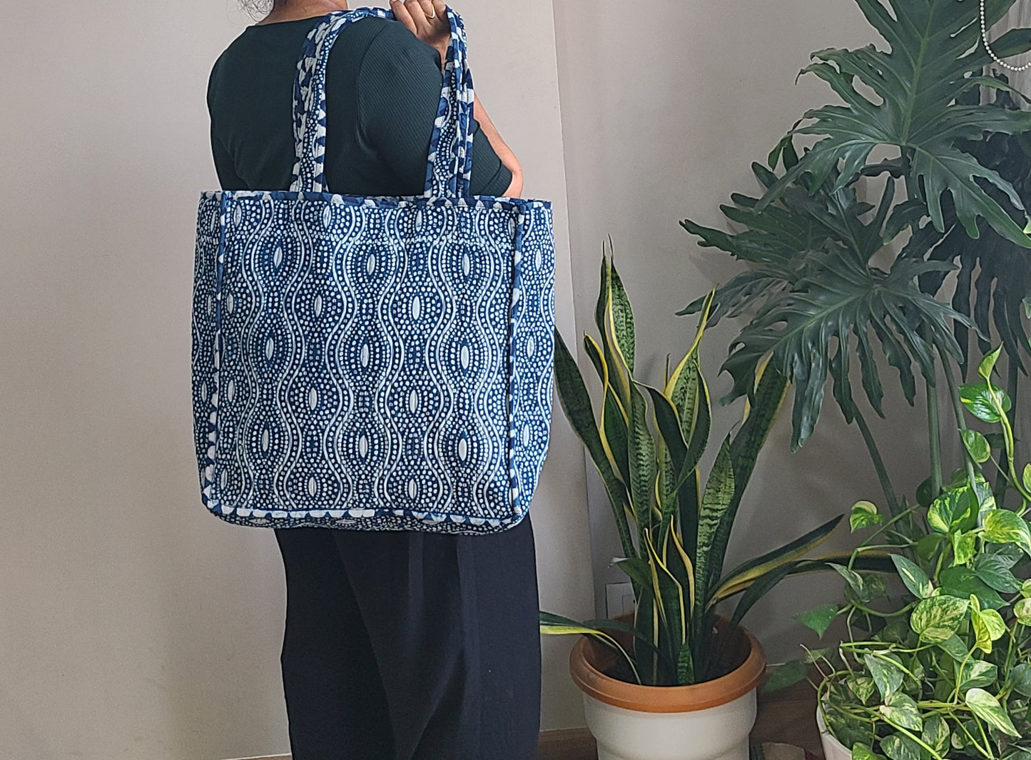 Reversible Quilted Tote bag- Handblock printed