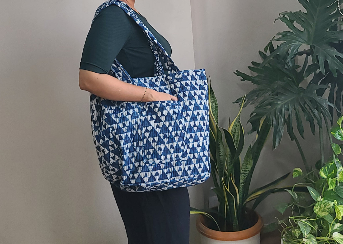 Reversible Quilted Tote bag- Handblock printed