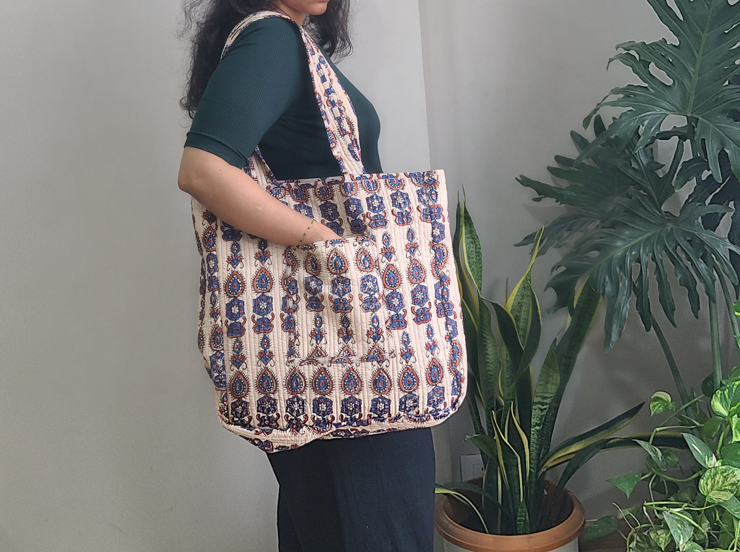 Reversible Quilted Tote bag- Handblock printed