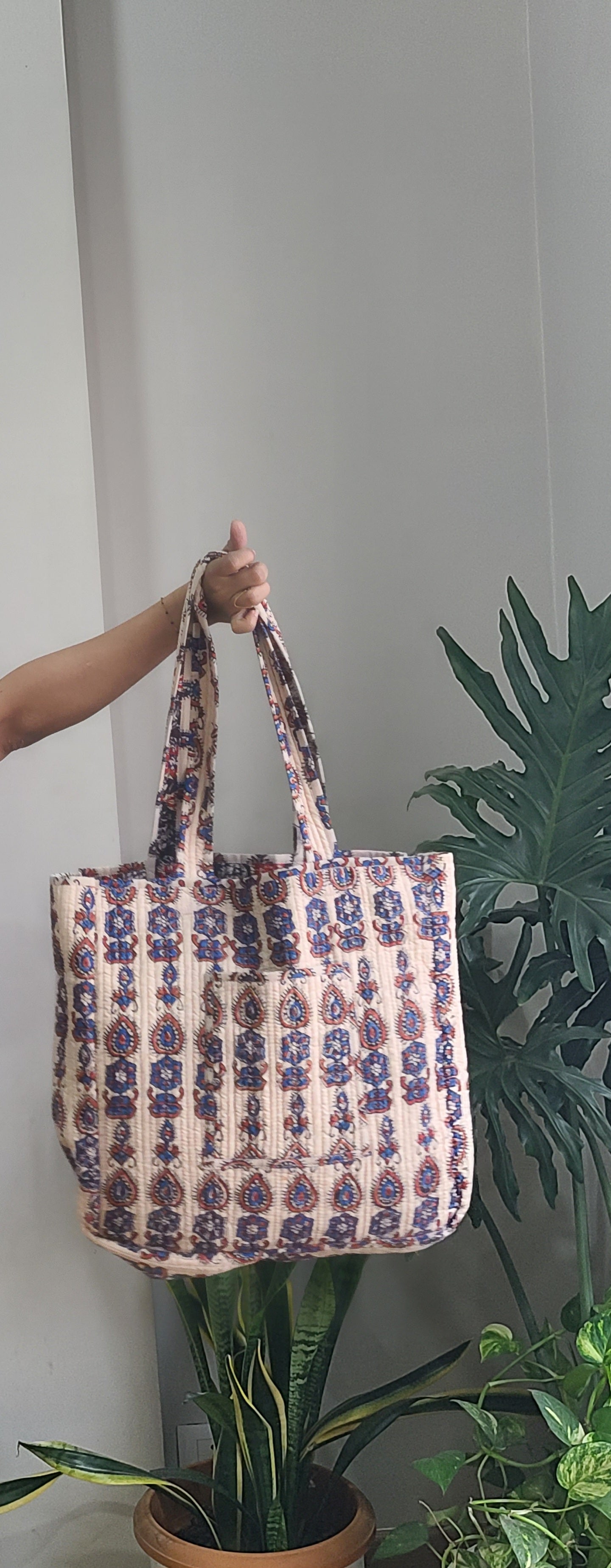Reversible Quilted Tote bag- Handblock printed