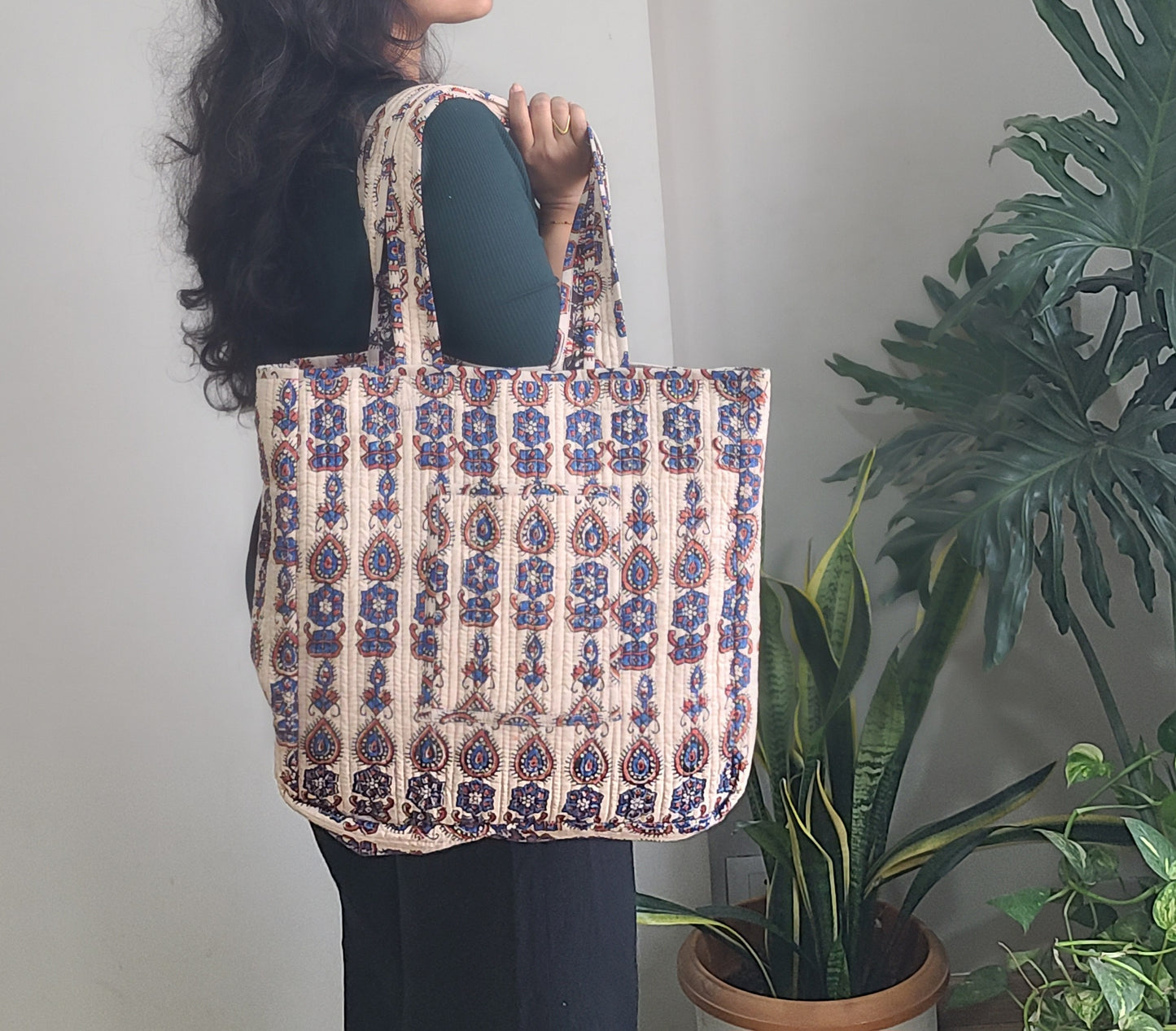 Reversible Quilted Tote bag- Handblock printed