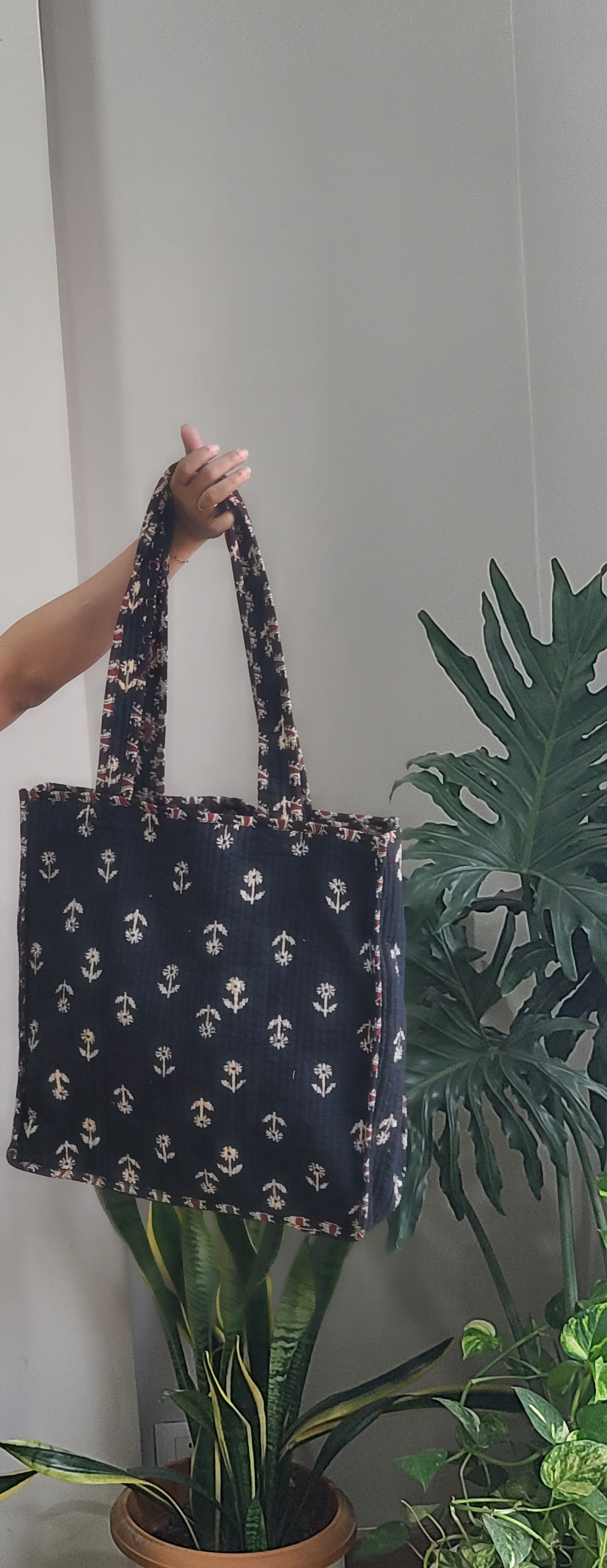 Reversible Quilted Tote bag- Handblock printed
