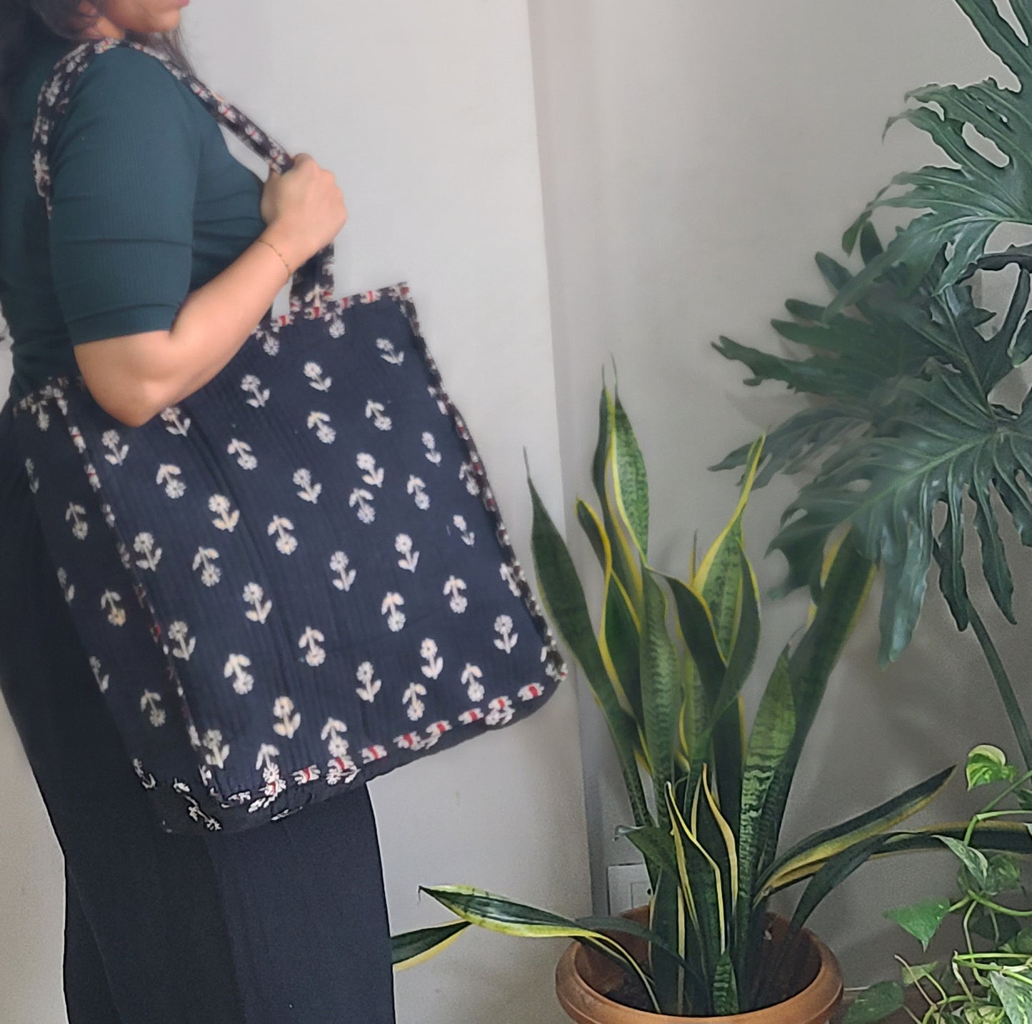 Reversible Quilted Tote bag- Handblock printed