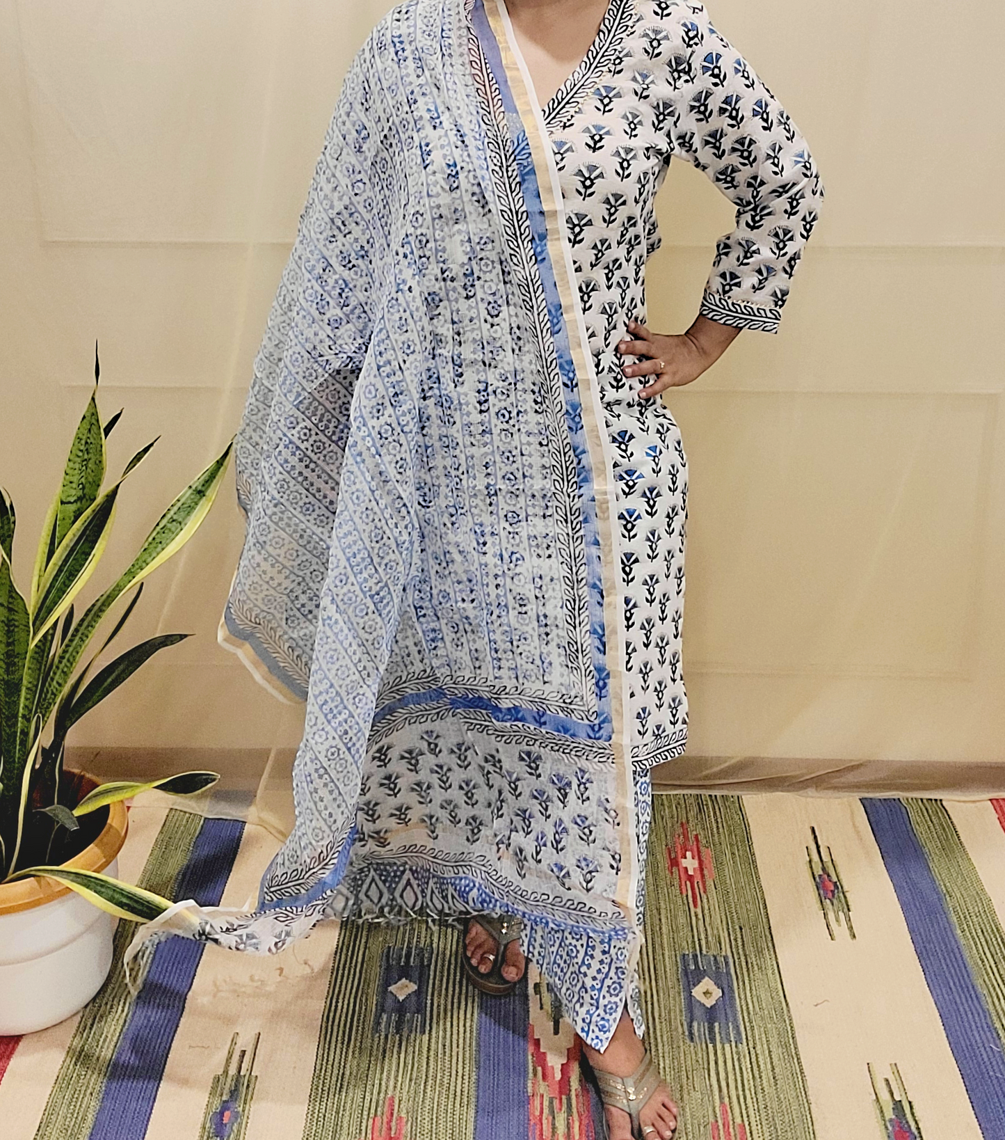 Women's block printed Kurta Pant and dupatta