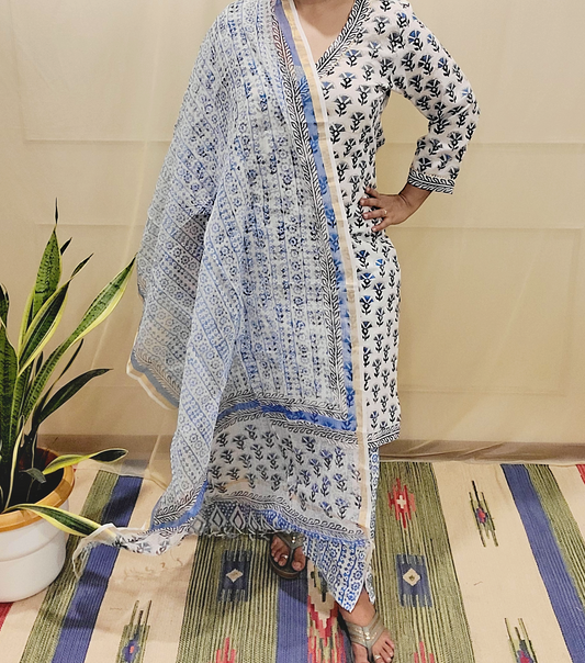 Women's block printed Kurta Pant and dupatta
