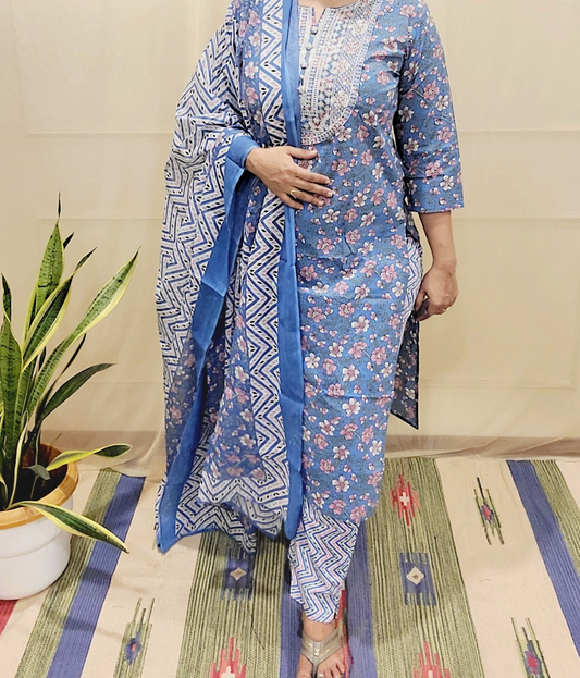 Women's block printed Kurta Pant and dupatta