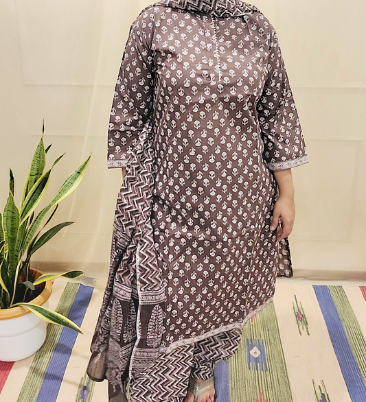 Women's block printed Kurta Pant and dupatta