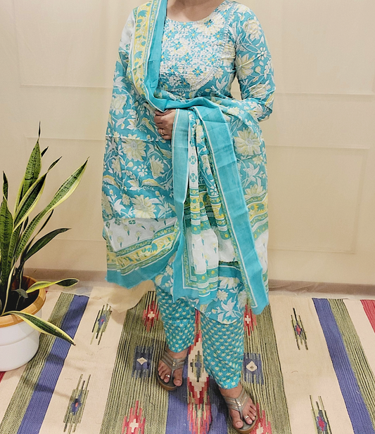 Women's block printed Kurta Pant and dupatta