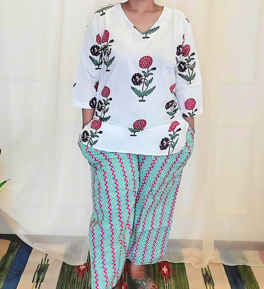 Short Kurti and Pant set Sanganeri block print
