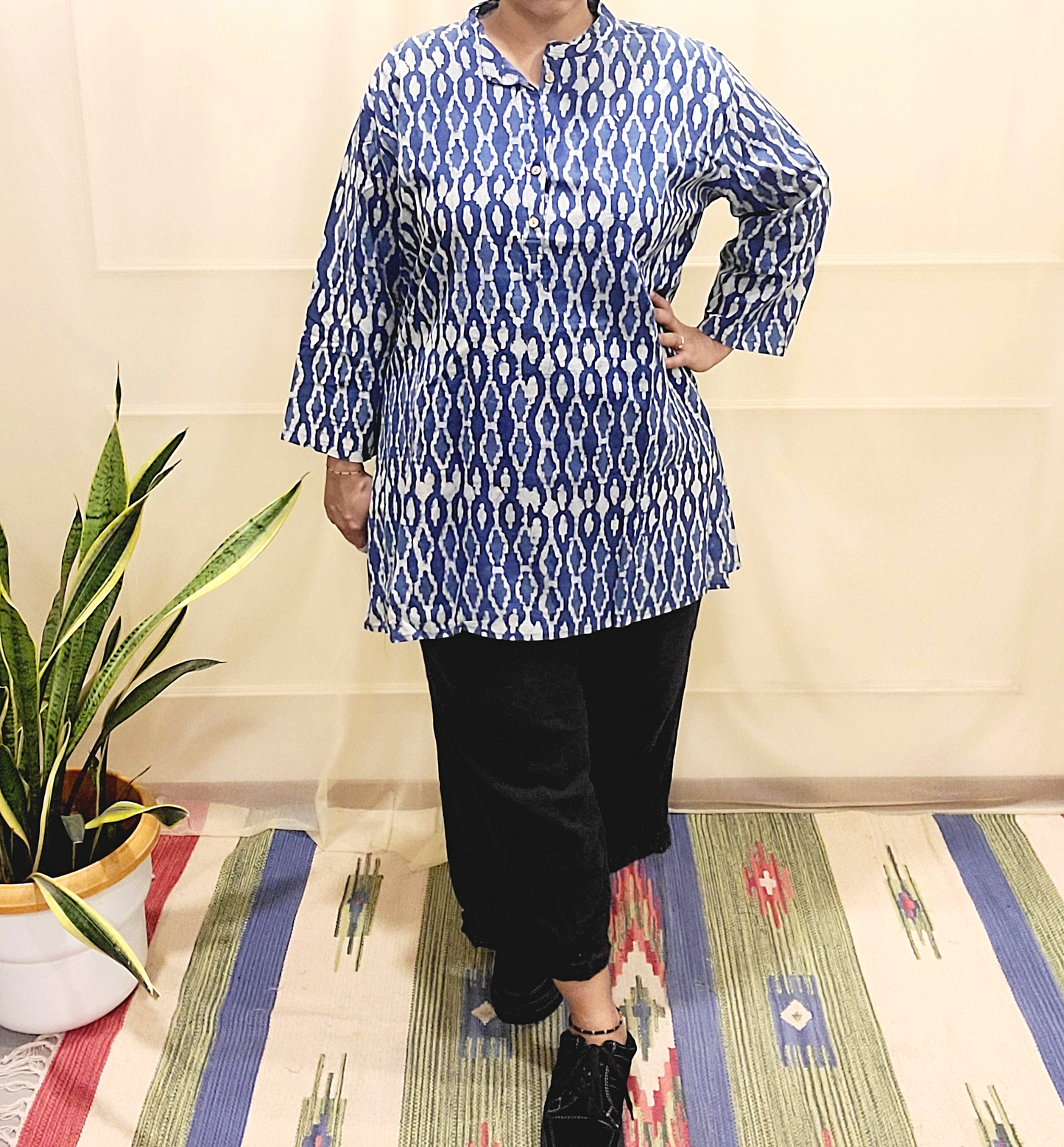 Button women's Kurti-Block print