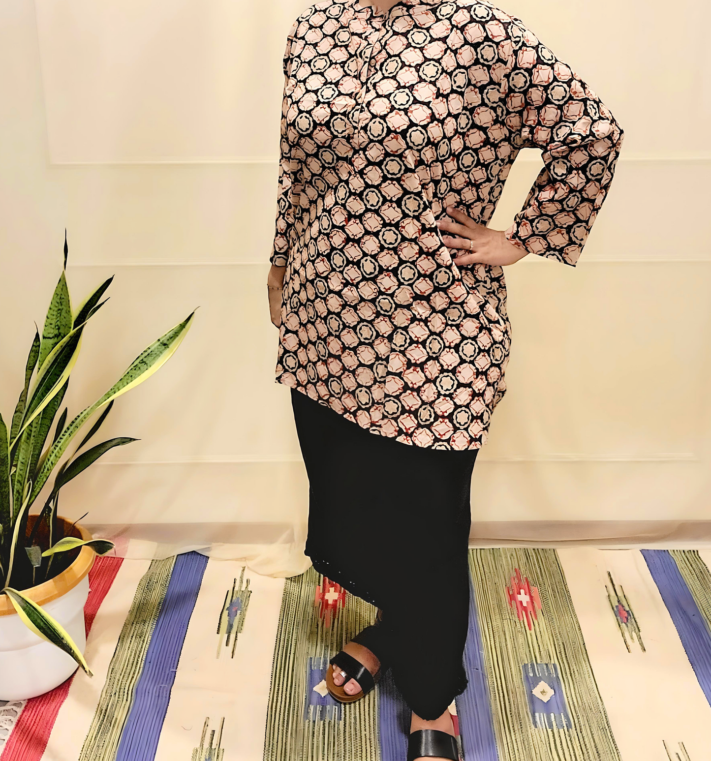 Button women's Kurti-Block print