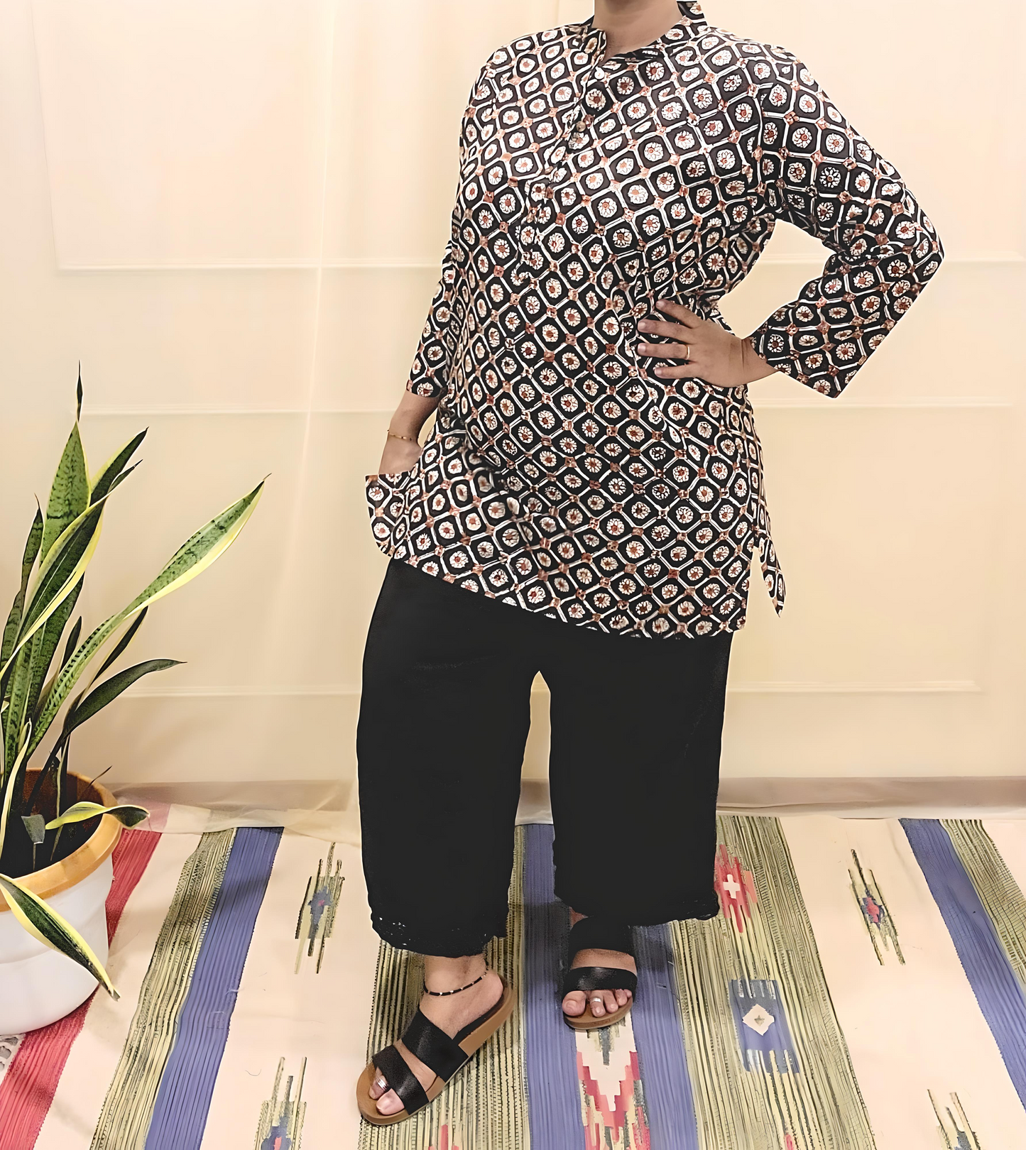 Button women's Kurti-Block print
