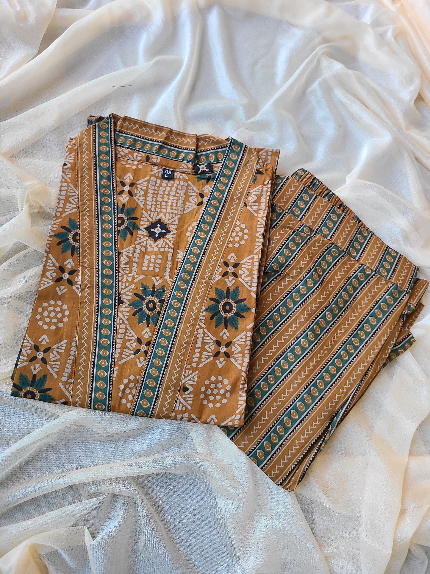Cotton Bagru collar Kurti and Pant set
