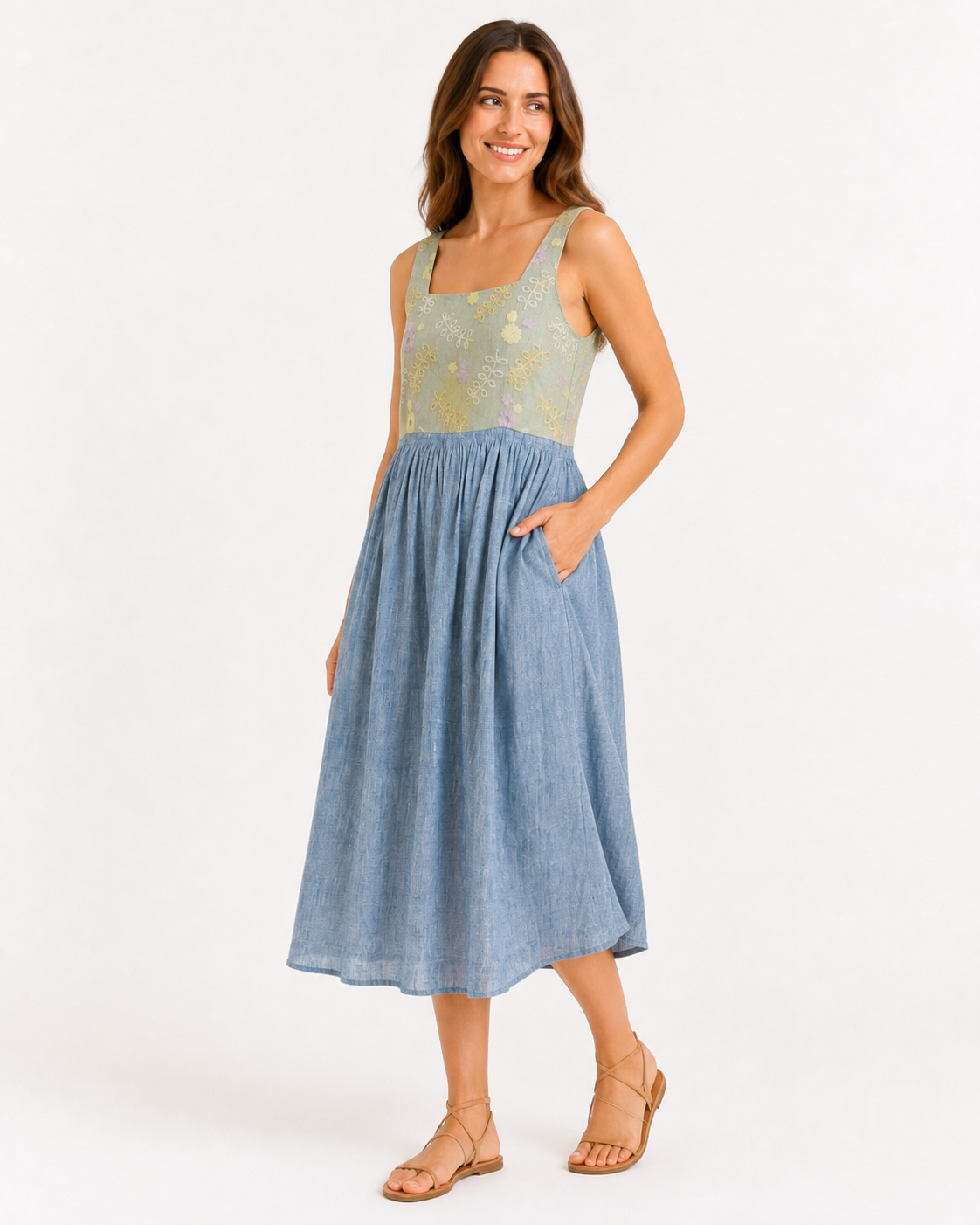 Eco friendly dress with pocket , Light indigo , handwoven cotto fabric with hand embroidery