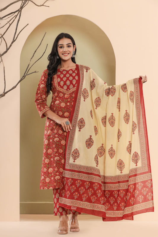 Women's block printed Kurta Pant and dupatta