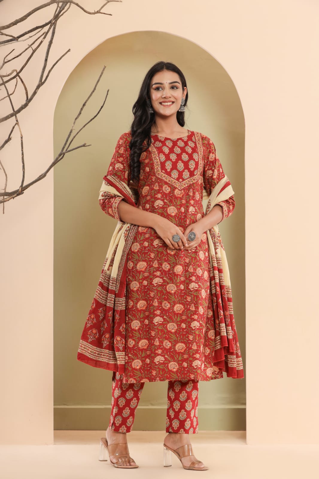 Women's block printed Kurta Pant and dupatta