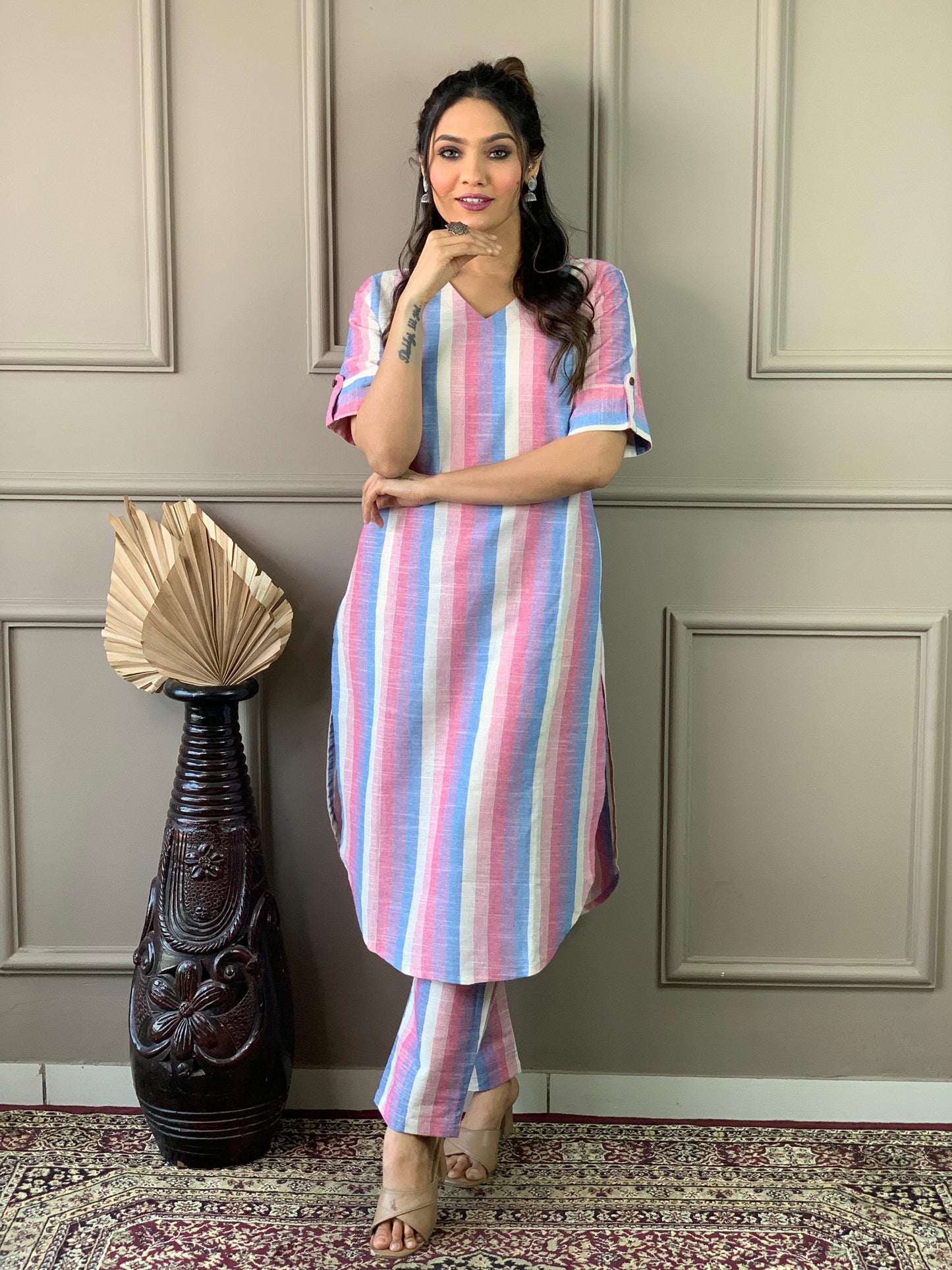 Cotton-Linen Long Kurtis and pant Set