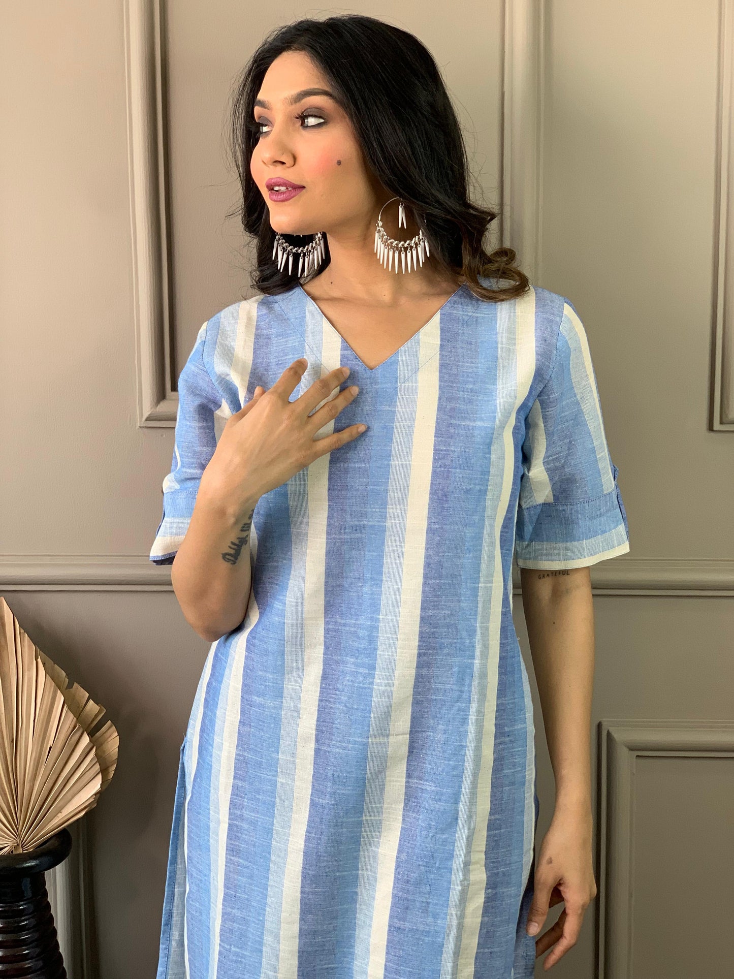 Cotton-Linen Long Kurti and Pant Set