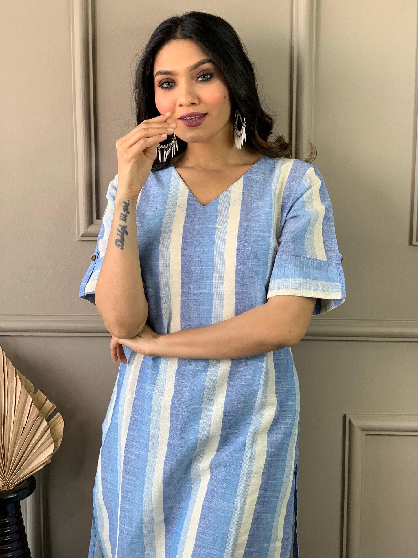 Cotton-Linen Long Kurti and Pant Set
