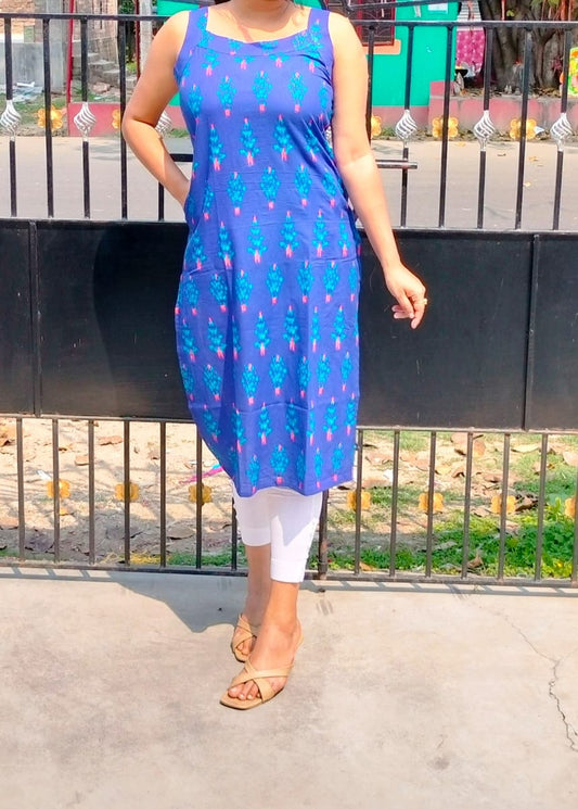 Sleevles cotton Bagru print Kurti
