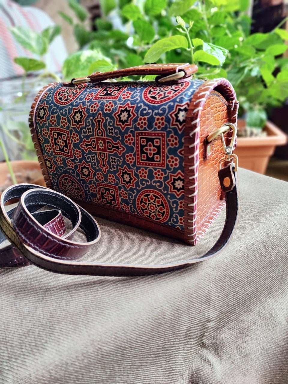 Exquisite Kutch Handmade Leather and Ajrakh Bag - Fusion of Artisan Craftsmanship and Traditional Prints - Indianidhi