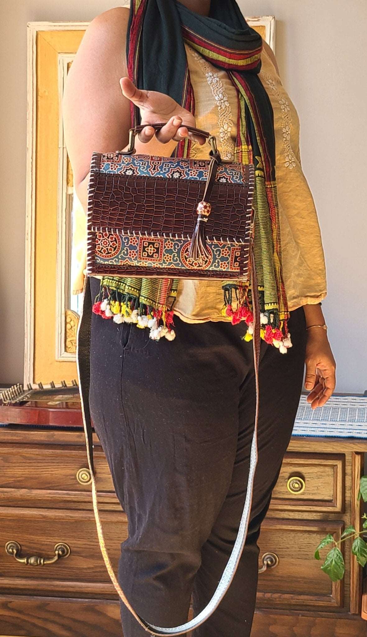 Exquisite Kutch Handmade Leather and Ajrakh Bag - Fusion of Artisan Craftsmanship and Traditional Prints - Indianidhi