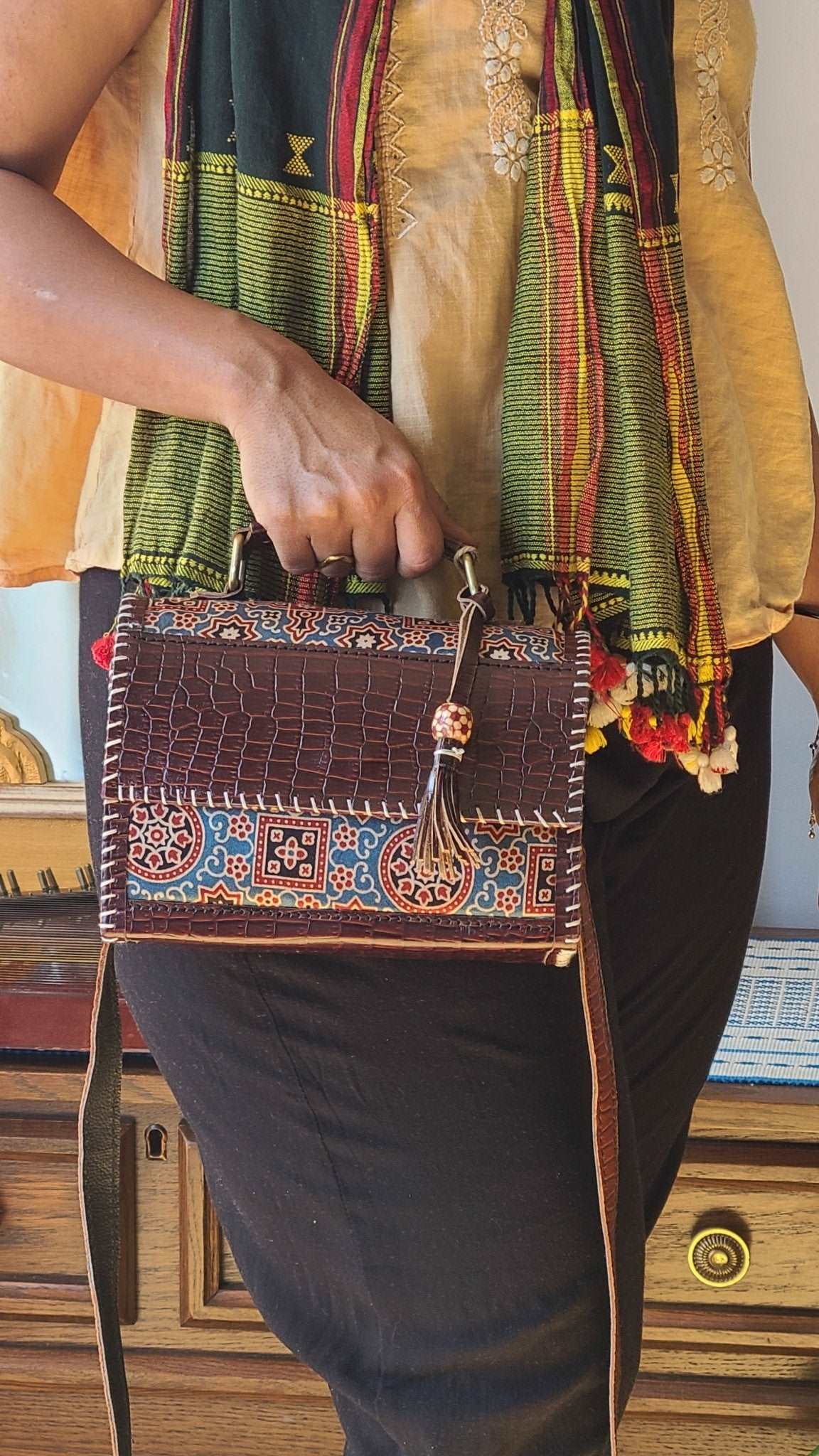Exquisite Kutch Handmade Leather and Ajrakh Bag - Fusion of Artisan Craftsmanship and Traditional Prints - Indianidhi
