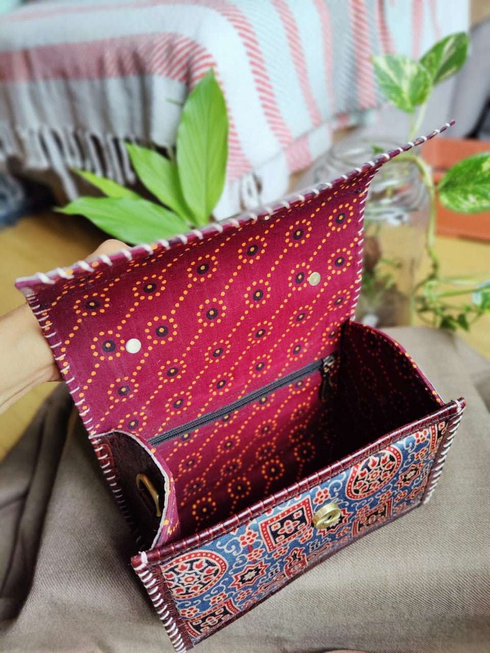 Exquisite Kutch Handmade Leather and Ajrakh Bag - Fusion of Artisan Craftsmanship and Traditional Prints - Indianidhi