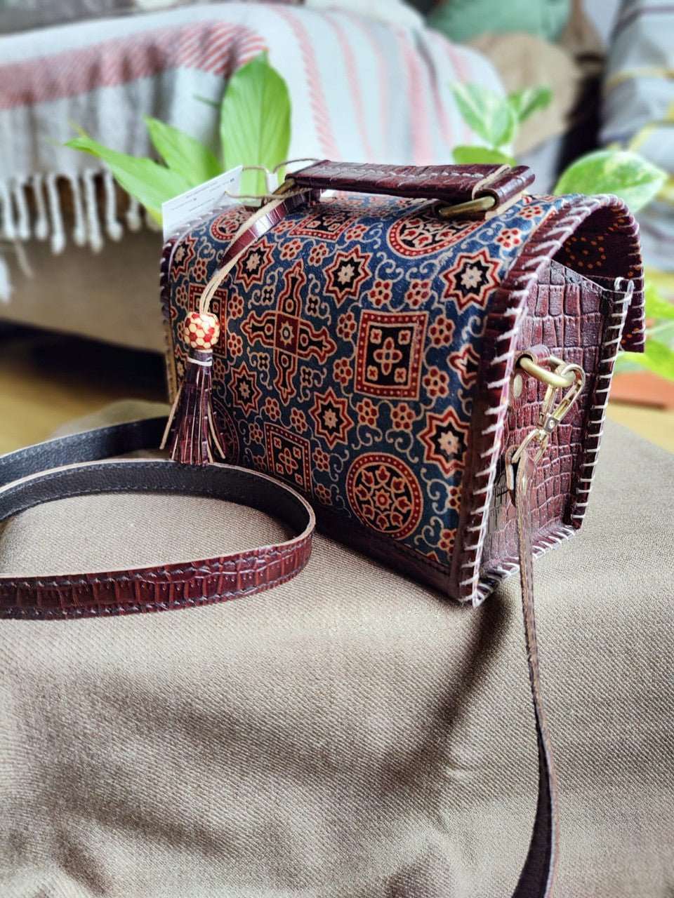 Exquisite Kutch Handmade Leather and Ajrakh Bag - Fusion of Artisan Craftsmanship and Traditional Prints - Indianidhi