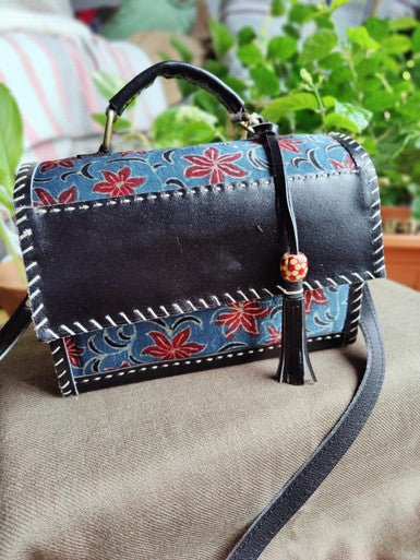 Exquisite Kutch Handmade Leather and Ajrakh Bag - Fusion of Artisan Craftsmanship and Traditional Prints - Indianidhi