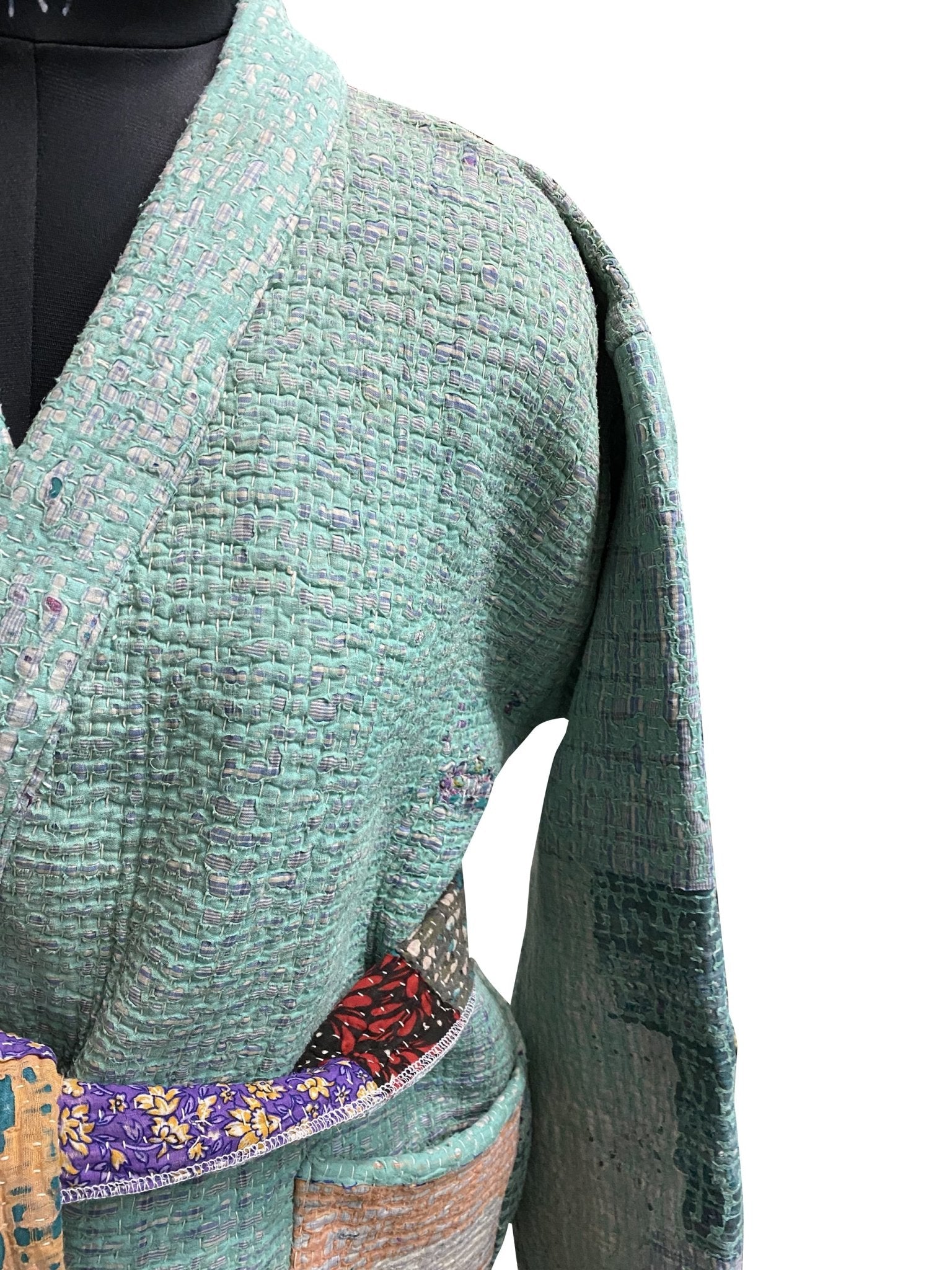 Vintage Thrift Kantha Jacket: Sustainable Outerwear from Upcycled Recycled Sarees - Indianidhi