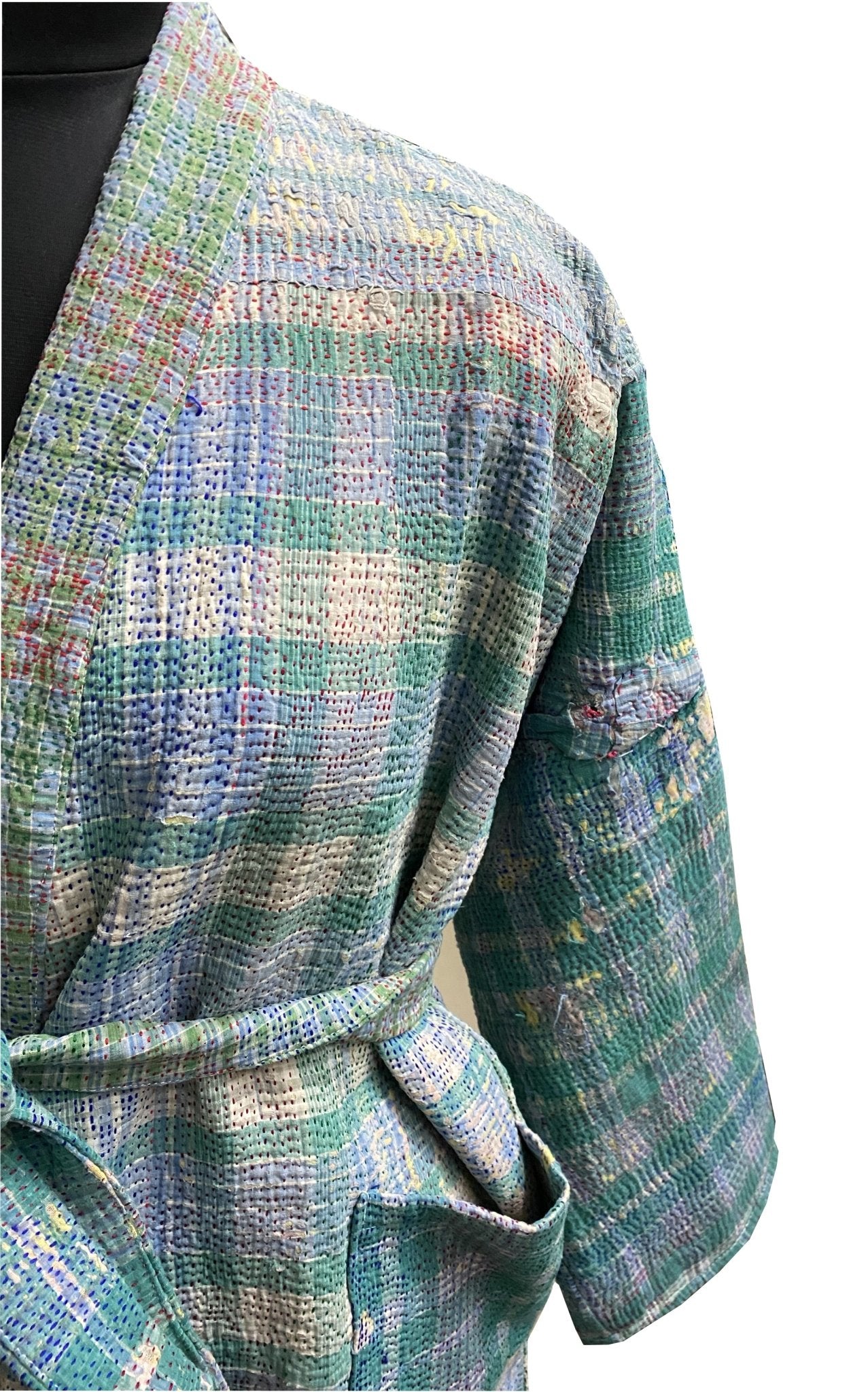 Vintage Thrift Kantha Jacket: Sustainable Outerwear from Upcycled Recycled Sarees - Indianidhi