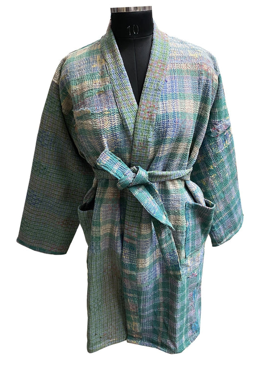 Vintage Thrift Kantha Jacket: Sustainable Outerwear from Upcycled Recycled Sarees - Indianidhi
