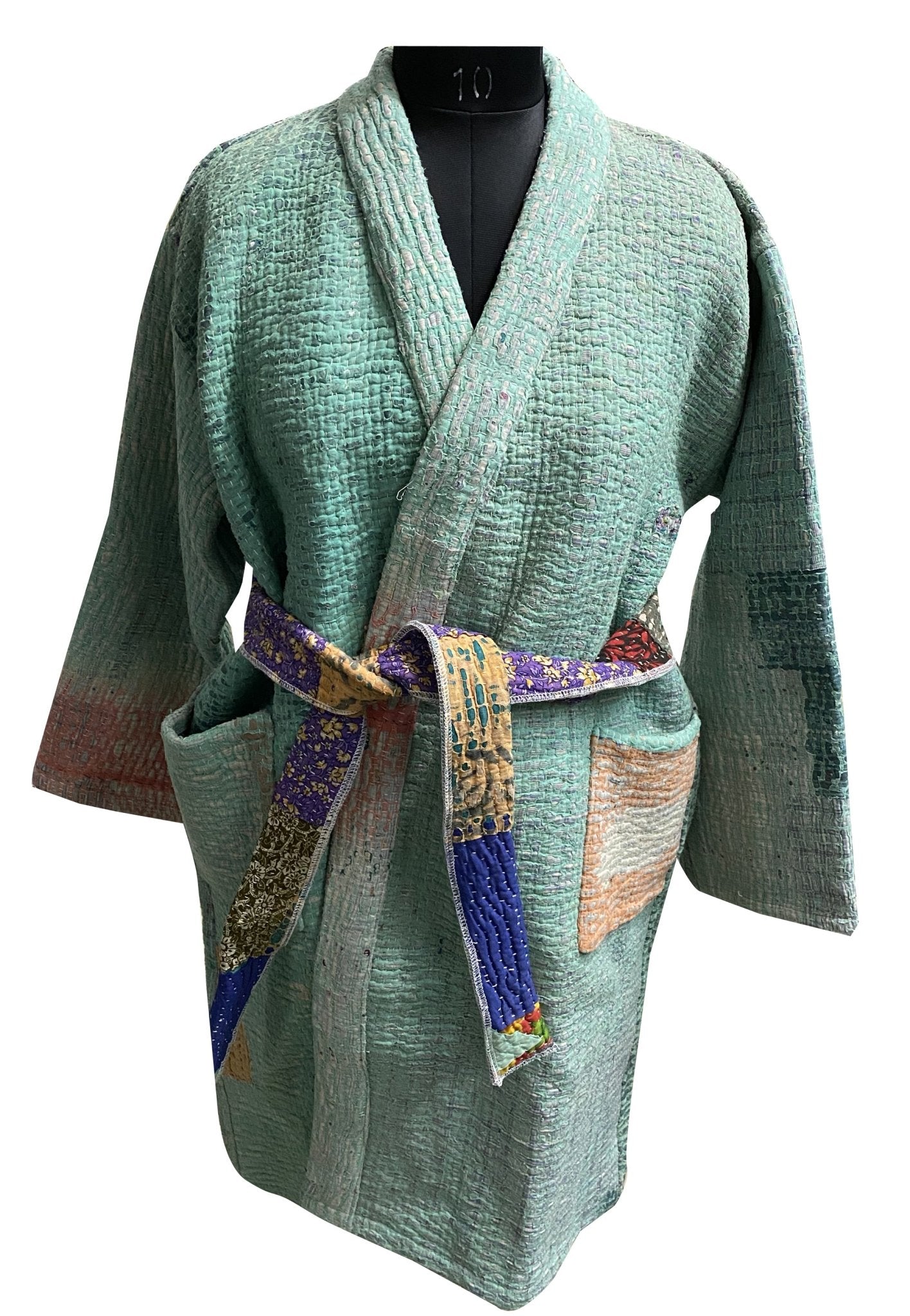 Vintage Thrift Kantha Jacket: Sustainable Outerwear from Upcycled Recycled Sarees - Indianidhi