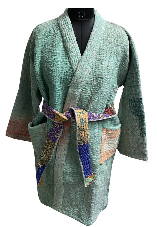 Vintage Thrift Kantha Jacket: Sustainable Outerwear from Upcycled Recycled Sarees - Indianidhi