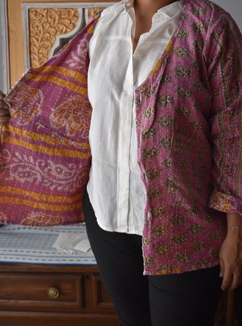 Vintage Thrift Kantha Jacket: Sustainable Outerwear from Upcycled Recycled Sarees -Thin - Indianidhi