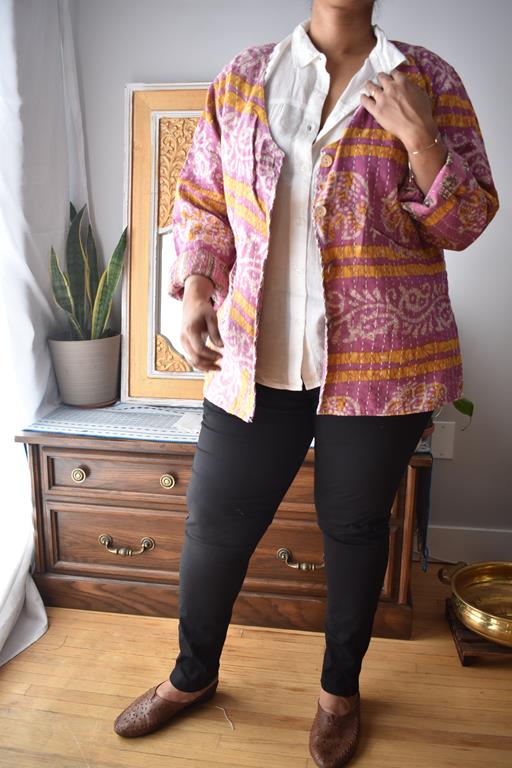 Vintage Thrift Kantha Jacket: Sustainable Outerwear from Upcycled Recycled Sarees -Thin - Indianidhi