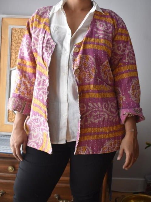 Vintage Thrift Kantha Jacket: Sustainable Outerwear from Upcycled Recycled Sarees -Thin - Indianidhi