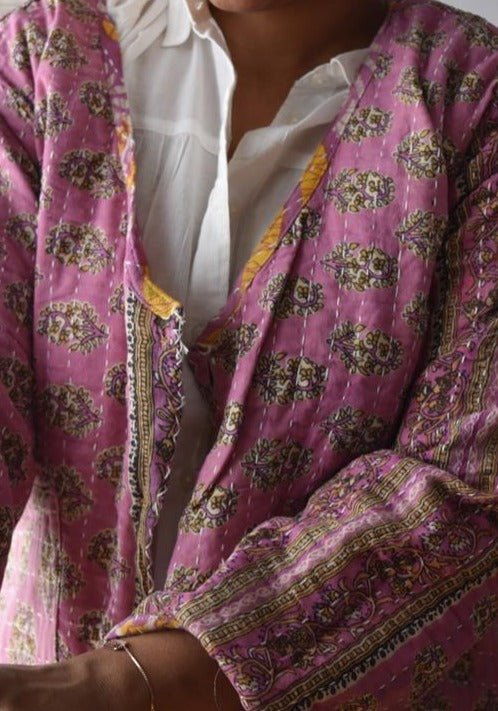 Vintage Thrift Kantha Jacket: Sustainable Outerwear from Upcycled Recycled Sarees -Thin - Indianidhi