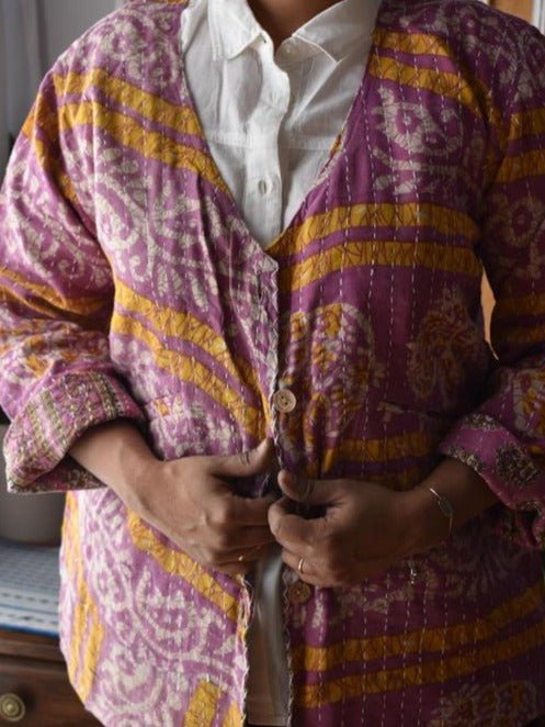 Vintage Thrift Kantha Jacket: Sustainable Outerwear from Upcycled Recycled Sarees -Thin - Indianidhi