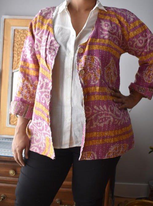 Vintage Thrift Kantha Jacket: Sustainable Outerwear from Upcycled Recycled Sarees -Thin - Indianidhi