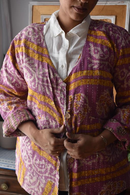 Vintage Thrift Kantha Jacket: Sustainable Outerwear from Upcycled Recycled Sarees -Thin - Indianidhi