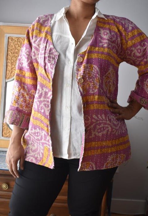 Vintage Thrift Kantha Jacket: Sustainable Outerwear from Upcycled Recycled Sarees -Thin - Indianidhi