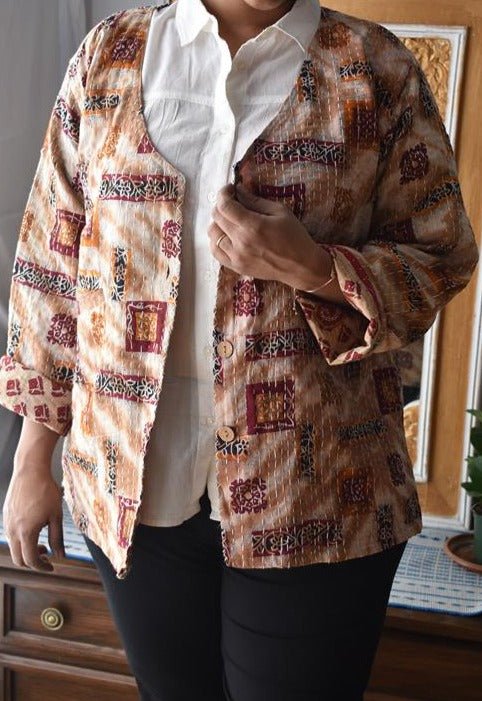 Vintage Thrift Reversible Kantha Jacket: Sustainable Outerwear from Upcycled Recycled Sarees -Thin - Indianidhi
