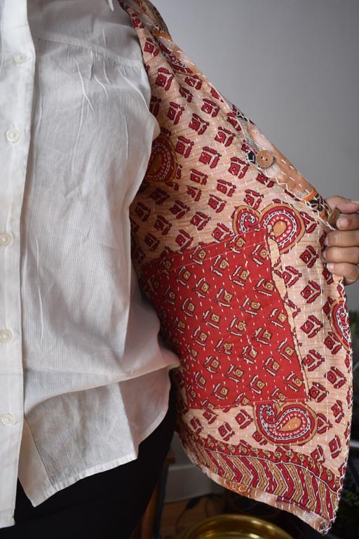Vintage Thrift Reversible Kantha Jacket: Sustainable Outerwear from Upcycled Recycled Sarees -Thin - Indianidhi