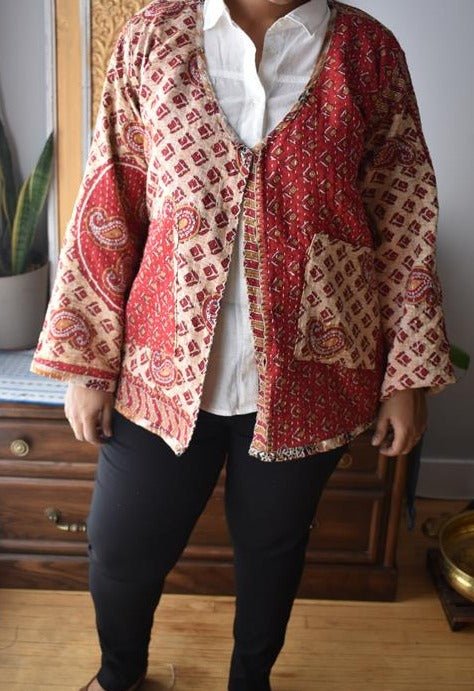 Vintage Thrift Reversible Kantha Jacket: Sustainable Outerwear from Upcycled Recycled Sarees -Thin - Indianidhi