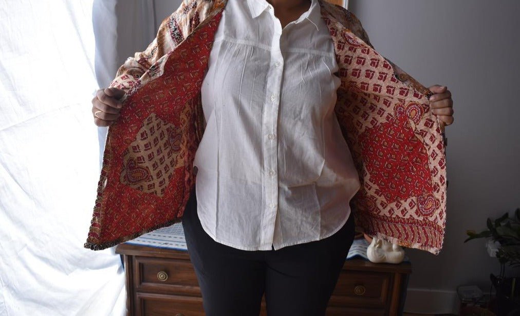 Vintage Thrift Reversible Kantha Jacket: Sustainable Outerwear from Upcycled Recycled Sarees -Thin - Indianidhi