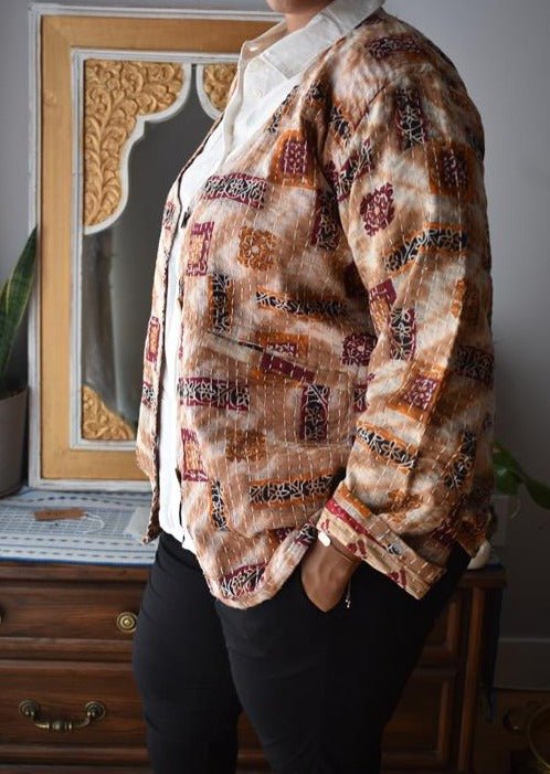 Vintage Thrift Reversible Kantha Jacket: Sustainable Outerwear from Upcycled Recycled Sarees -Thin - Indianidhi